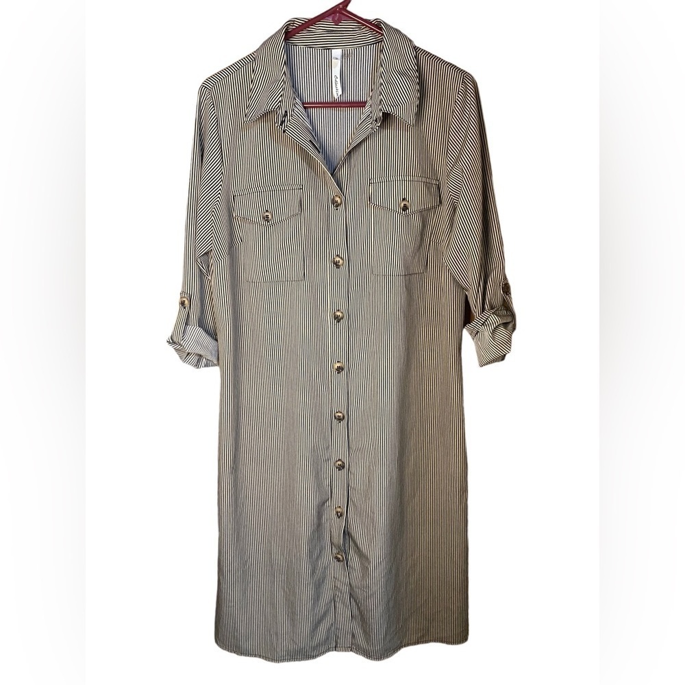 Ny Collection 3/4 sleeve horizontal stripe button up shirt dress